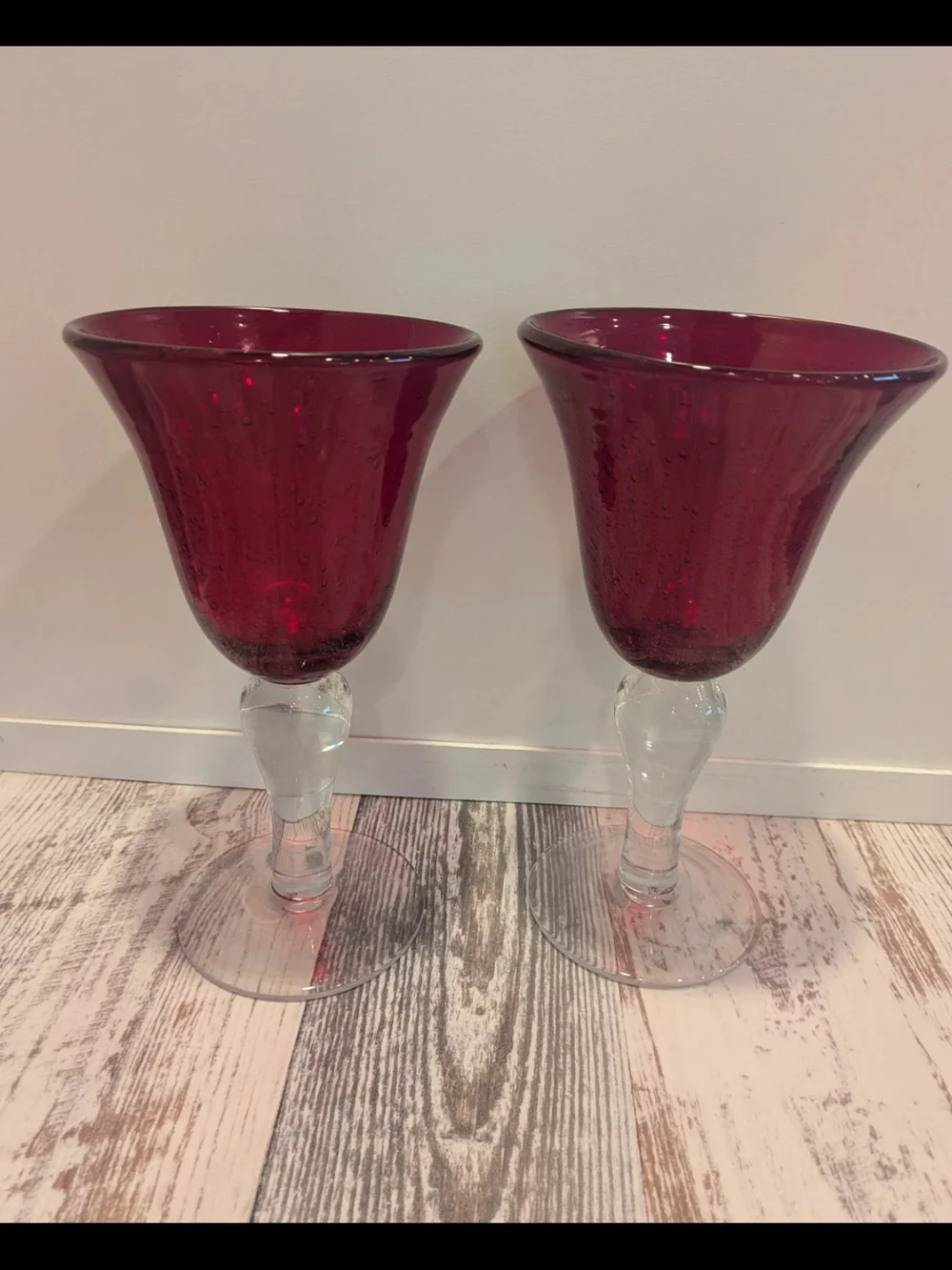 Pair of Artland Iris Ruby Red Seeded Glass Stemmed Goblets